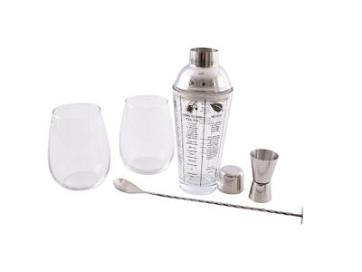 5 Piece Cocktail set - Jigger/Spoon/Shaker/2 glasses